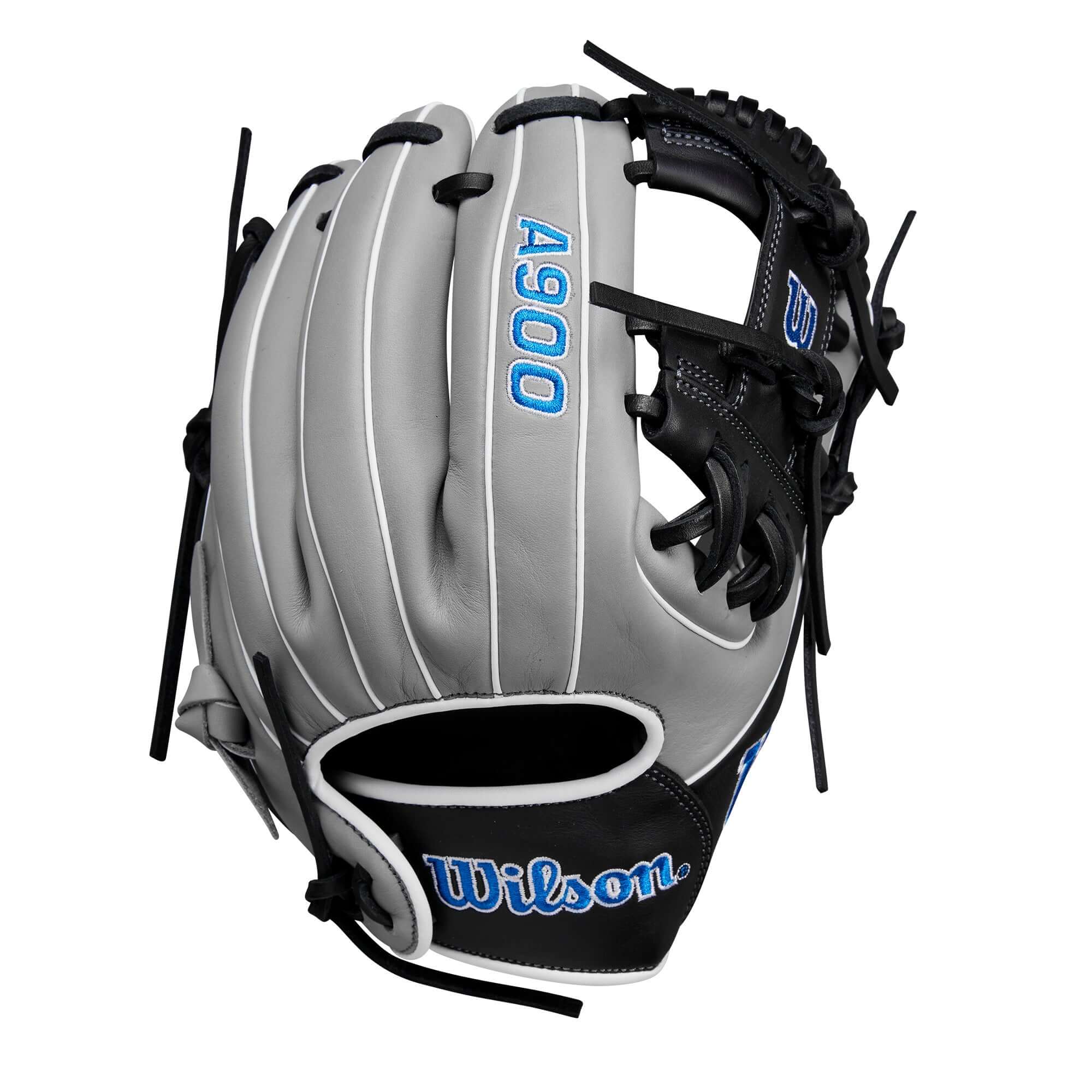 Wilson A900 PF1125 11.25" grey and black baseball glove for youth players, featuring soft leather and Pedroia Fit technology.