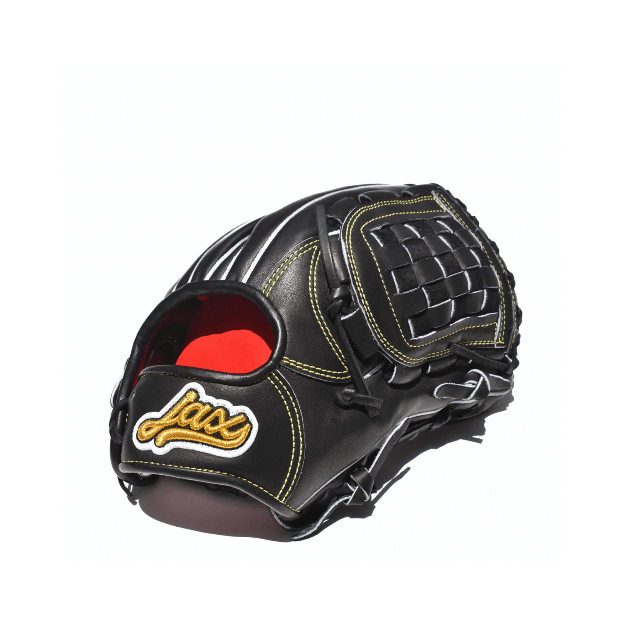 Jax DM-5 11.5-inch black infield glove with hinge basket web, gold stitching, and red palm liner.