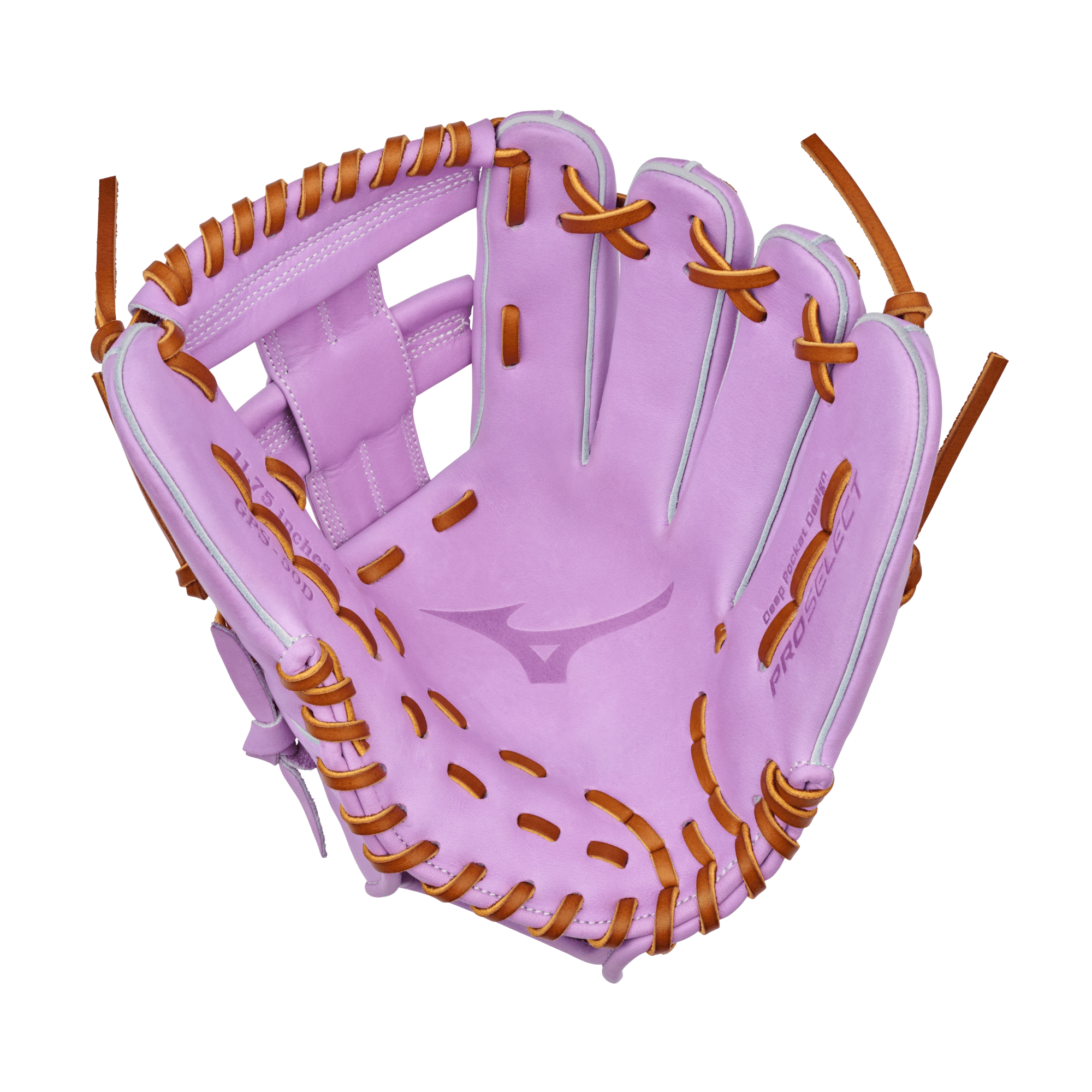 Mizuno GPS-50D Lavender Rush Pro Select glove with 11.75" T-Web design and premium steerhide construction, showing iconic Runbird logo.