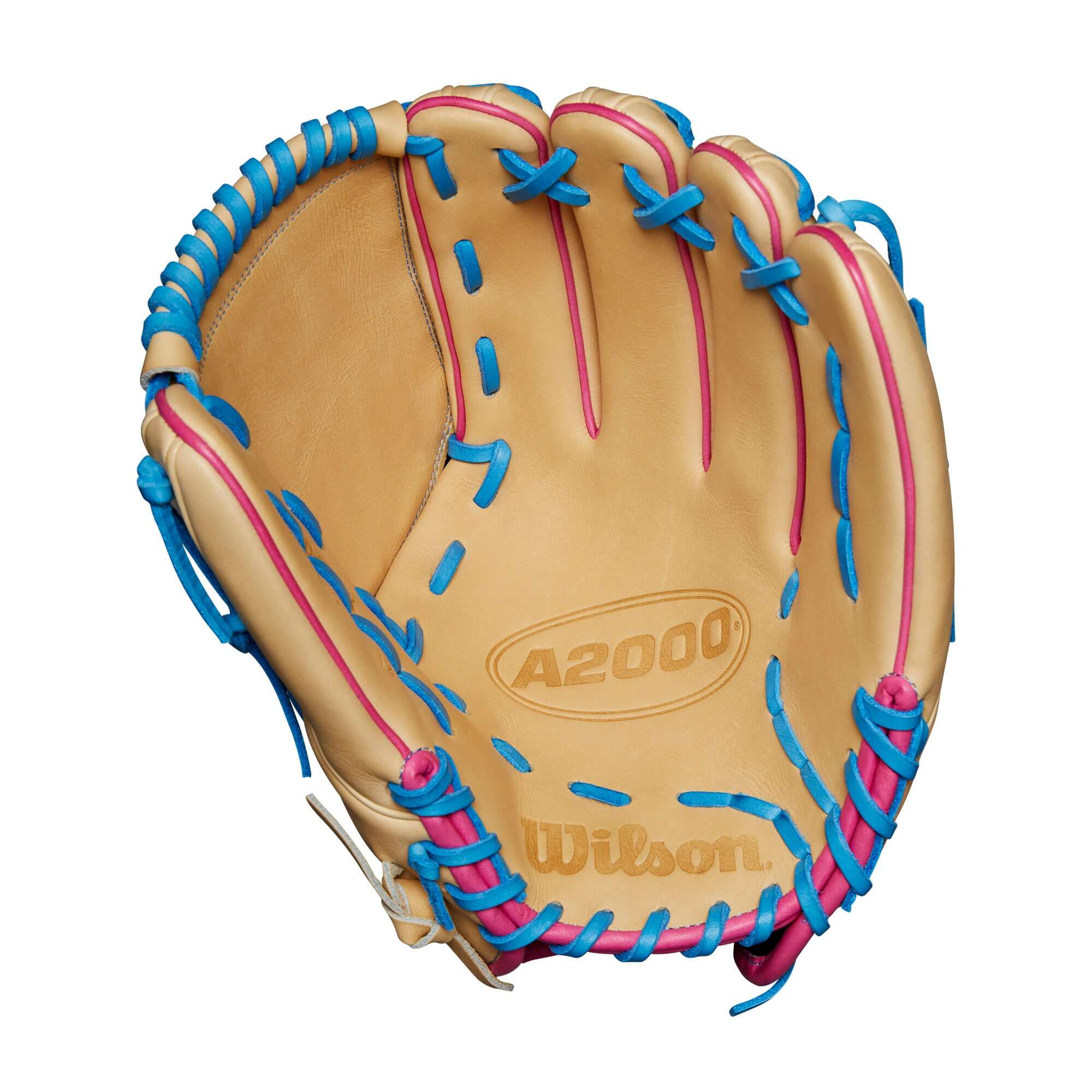 Wilson A2000 B23 glove featuring blonde leather with blue and pink accents, showcasing a one-piece Swordsman web design.