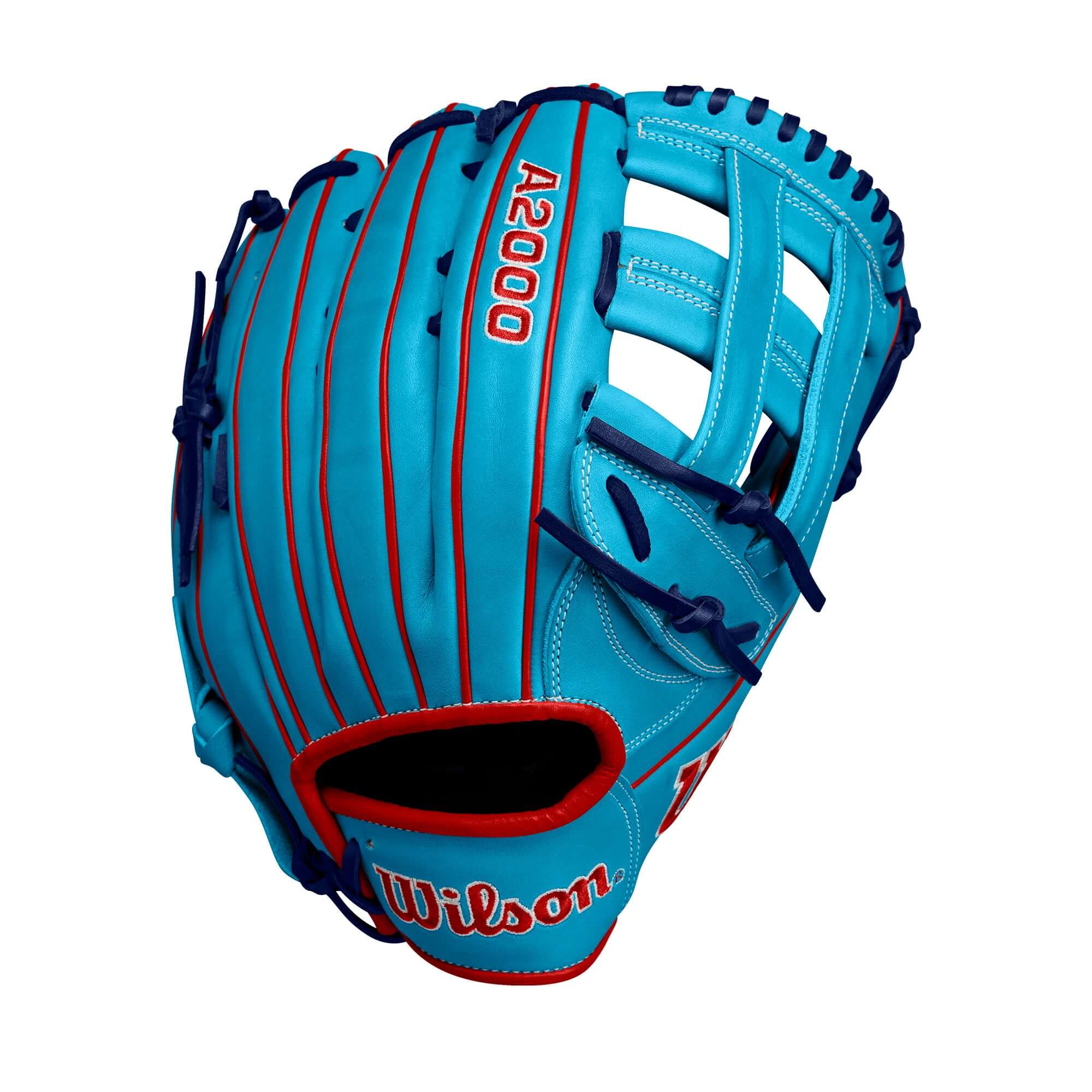 Wilson A2000 1750 Outfield Glove, Sky Blue/Red, 12.5, Pro Stock Leather, Dual Post Web, Right-Hand Throw