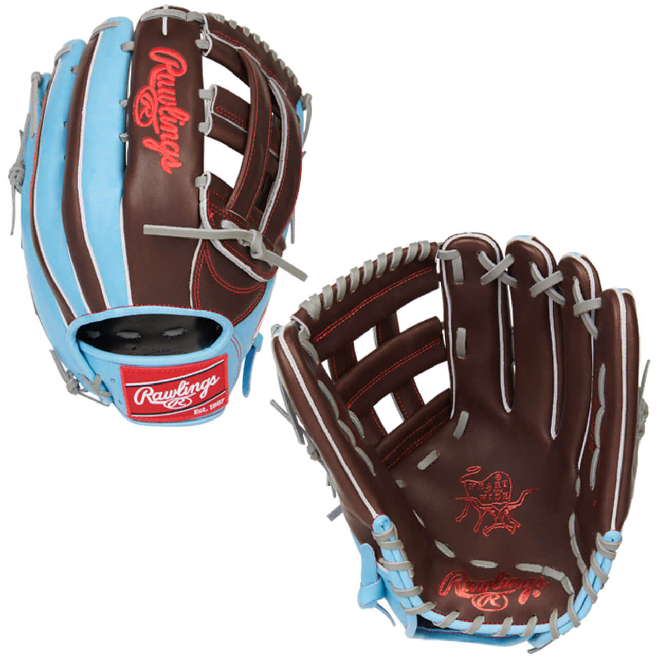 Rawlings Heart of the Hide 12.75-inch Outfield Glove, Right Hand Throw, Sherry/Columbia Blue