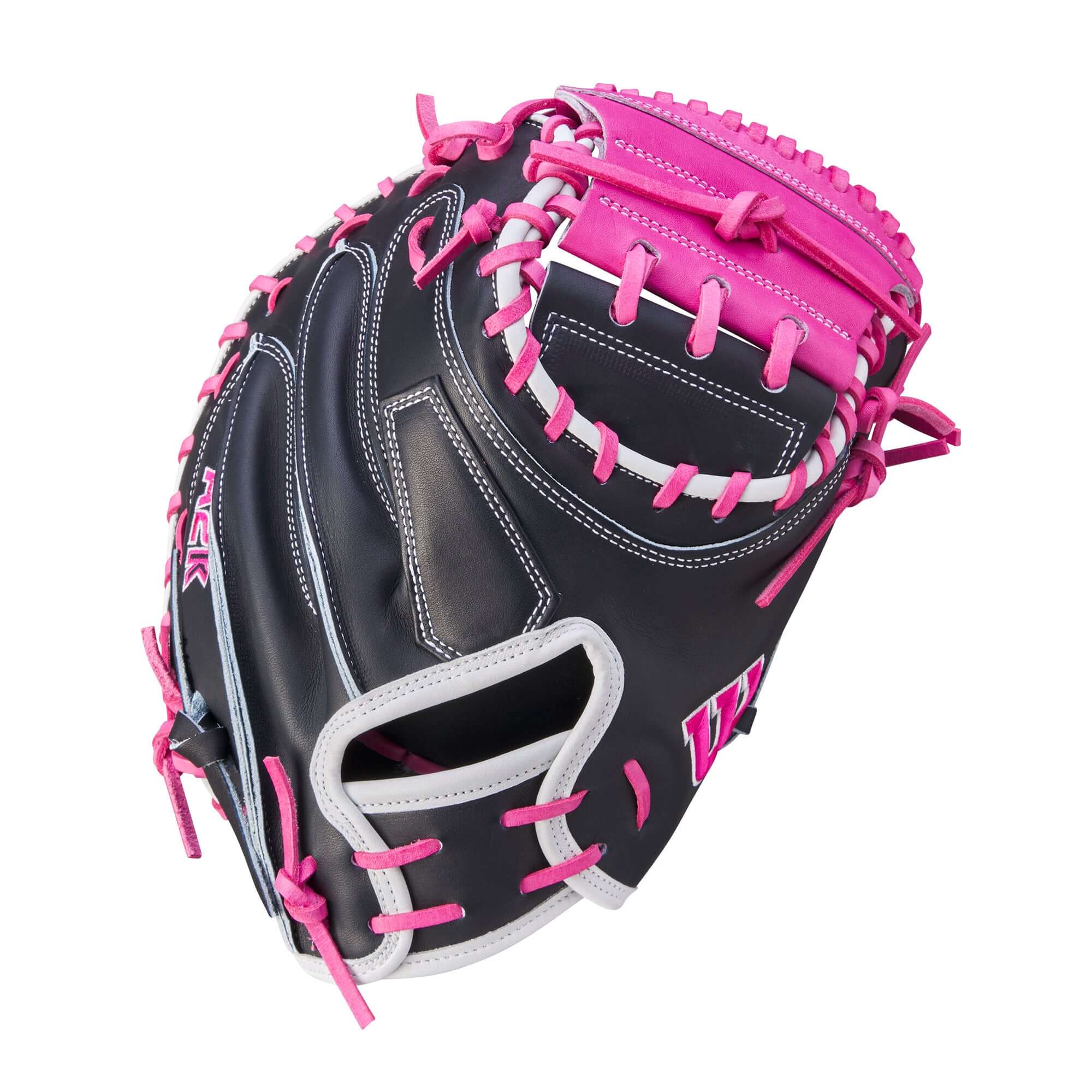 Navy Blue/Flamingo Wilson A2K M23 catcher's mitt, 33.5, high-quality leather, ideal for modern catchers, right-hand throw