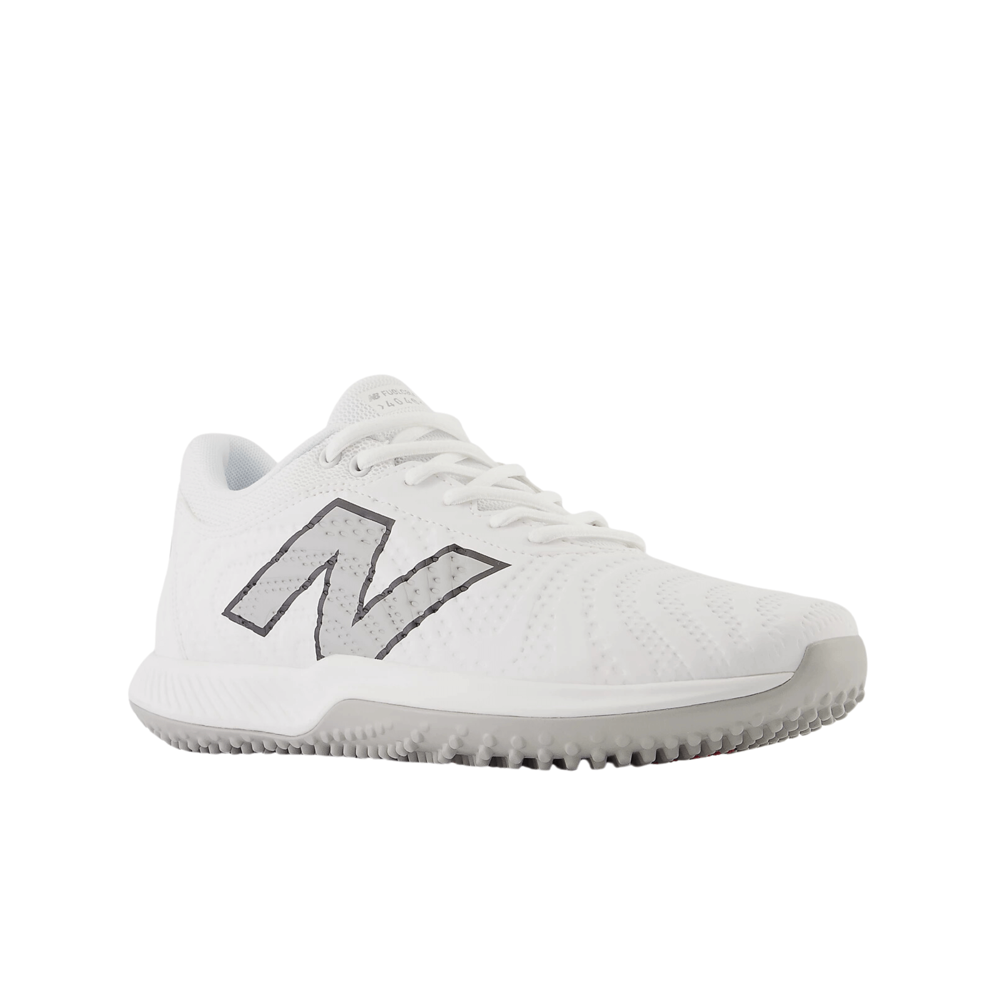 New Balance FuelCell 4040v7 Turf Trainer in white with a black logo, ideal for dynamic ballplay and training.