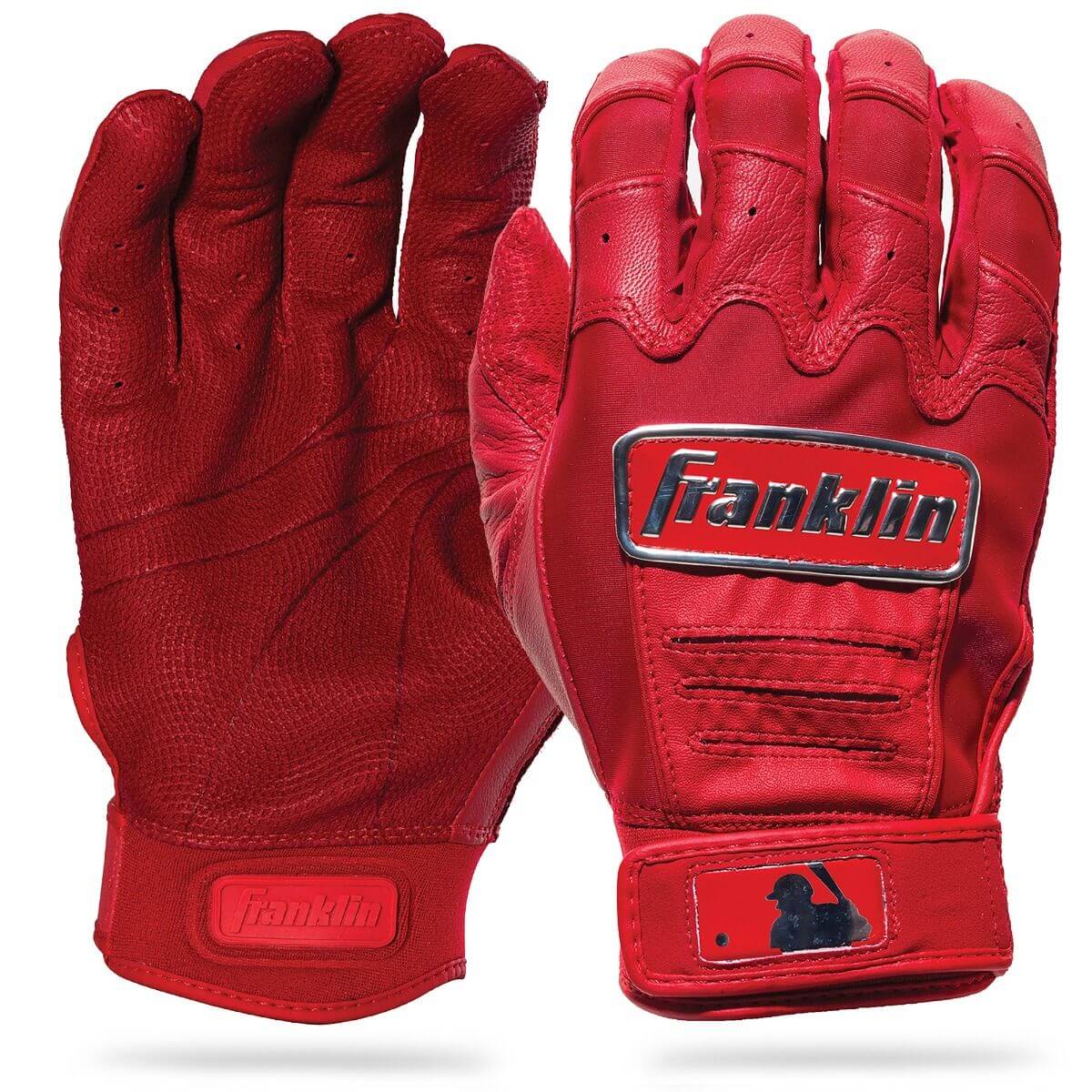 Franklin Youth CFX Pro Chrome Batting Gloves in red, featuring a durable leather palm and innovative tectonic fit design.