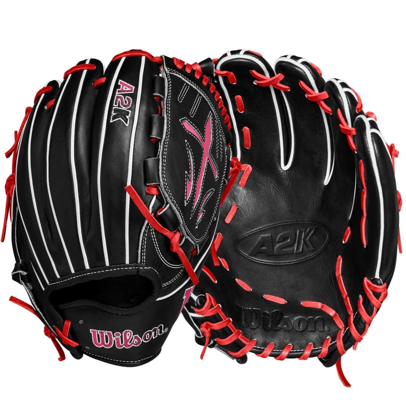 Black Wilson A2K B23 12 Pitcher's Glove, LHT, Pro Stock® Leather, Japanese Craftsmanship, Pink Accents.