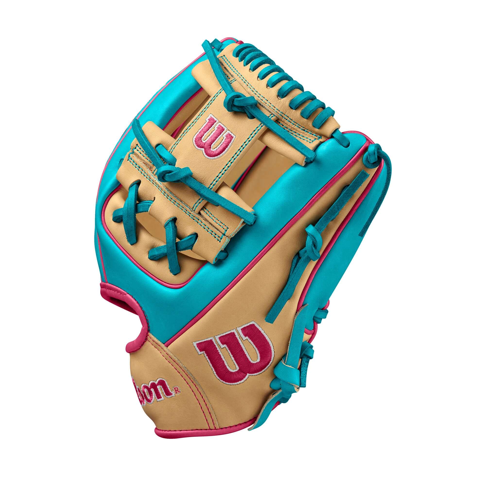 Wilson Spring 2025 A2000 1786 Teal/Blonde 11.5" baseball glove showcasing vibrant colors and quality craftsmanship.