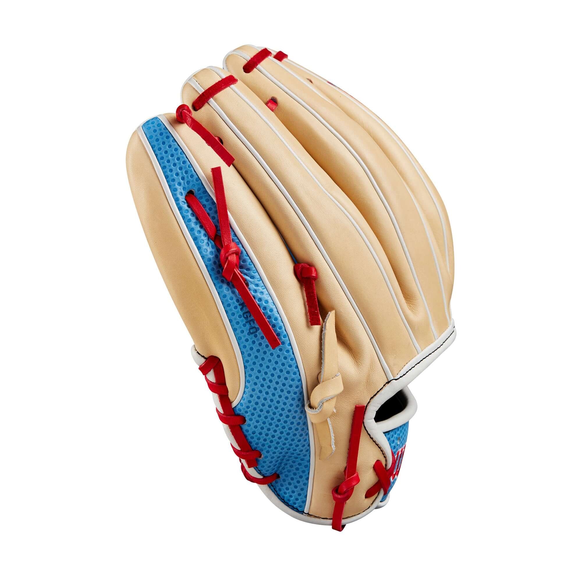 Wilson Fall 2024 A2000 1975 Infield Baseball Glove in Blonde/Tropic with Spin Control Technology and Sky Blue Pro Stock leather palm.