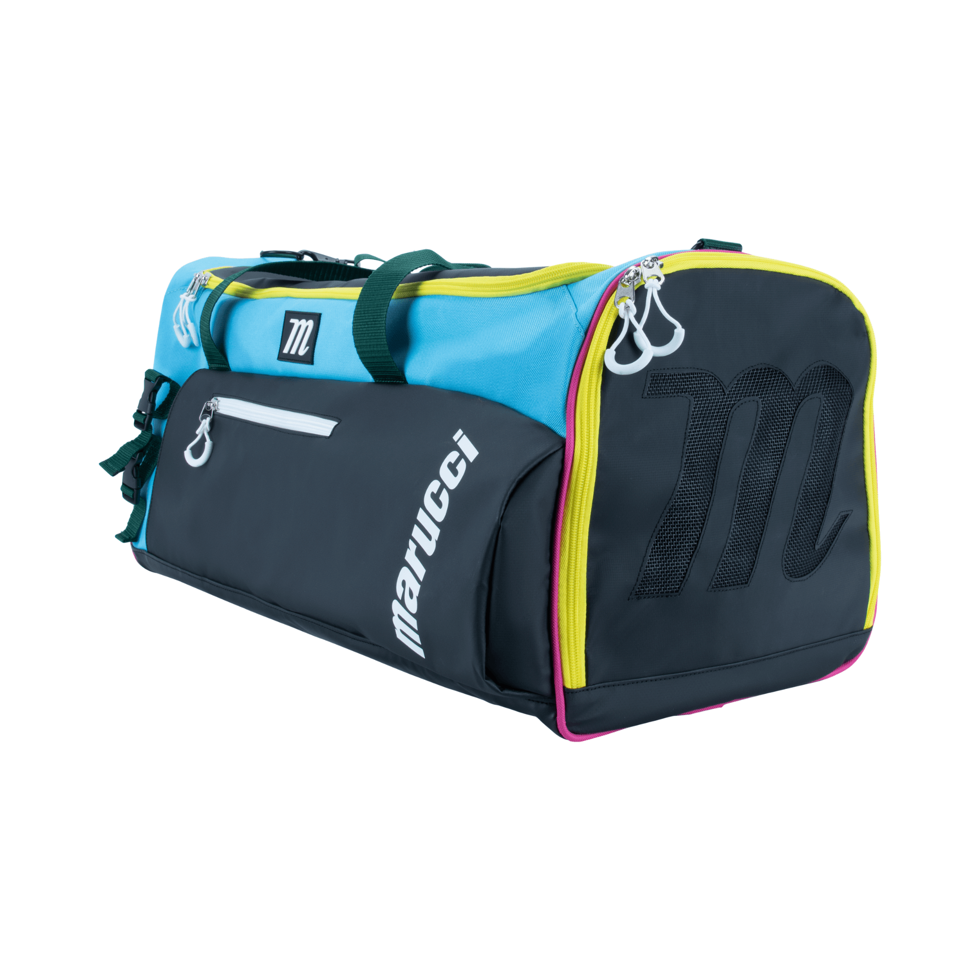 Marucci Pro Utility Duffel Bag V3 in Black, Teal, and Yellow with spacious design and durable material for sports gear.