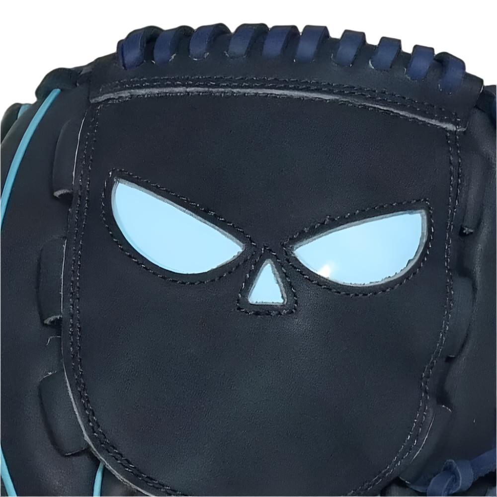 Shadow 11: Scout 12" RHT glove detail showing fierce design with blue inlays and unique skull logo.