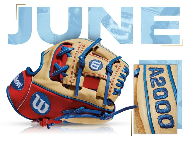 Wilson A2000 1788 glove, June 2015 edition, featuring red and blue design, perfect for baseball enthusiasts.