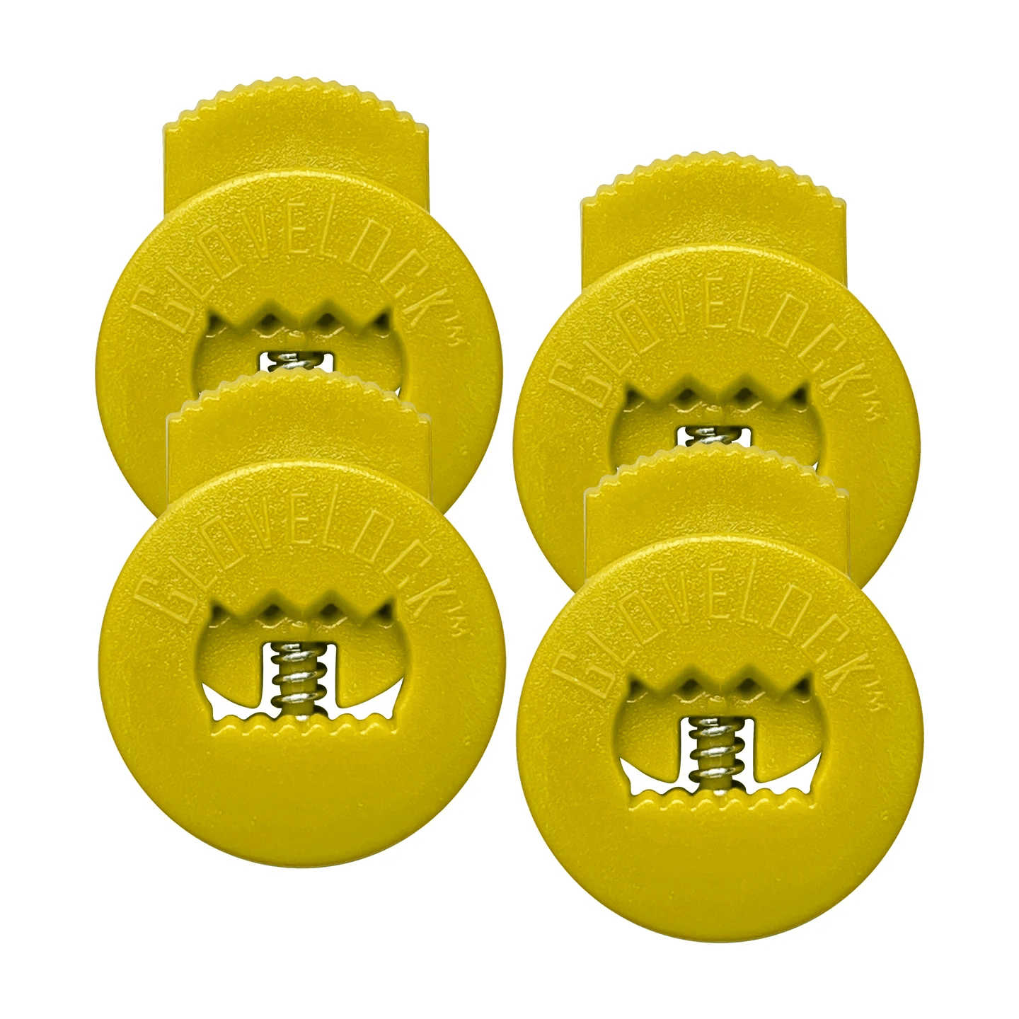 Glovelocks 4 Pack Lace Clips in yellow, designed to secure gloves and enhance control during games.