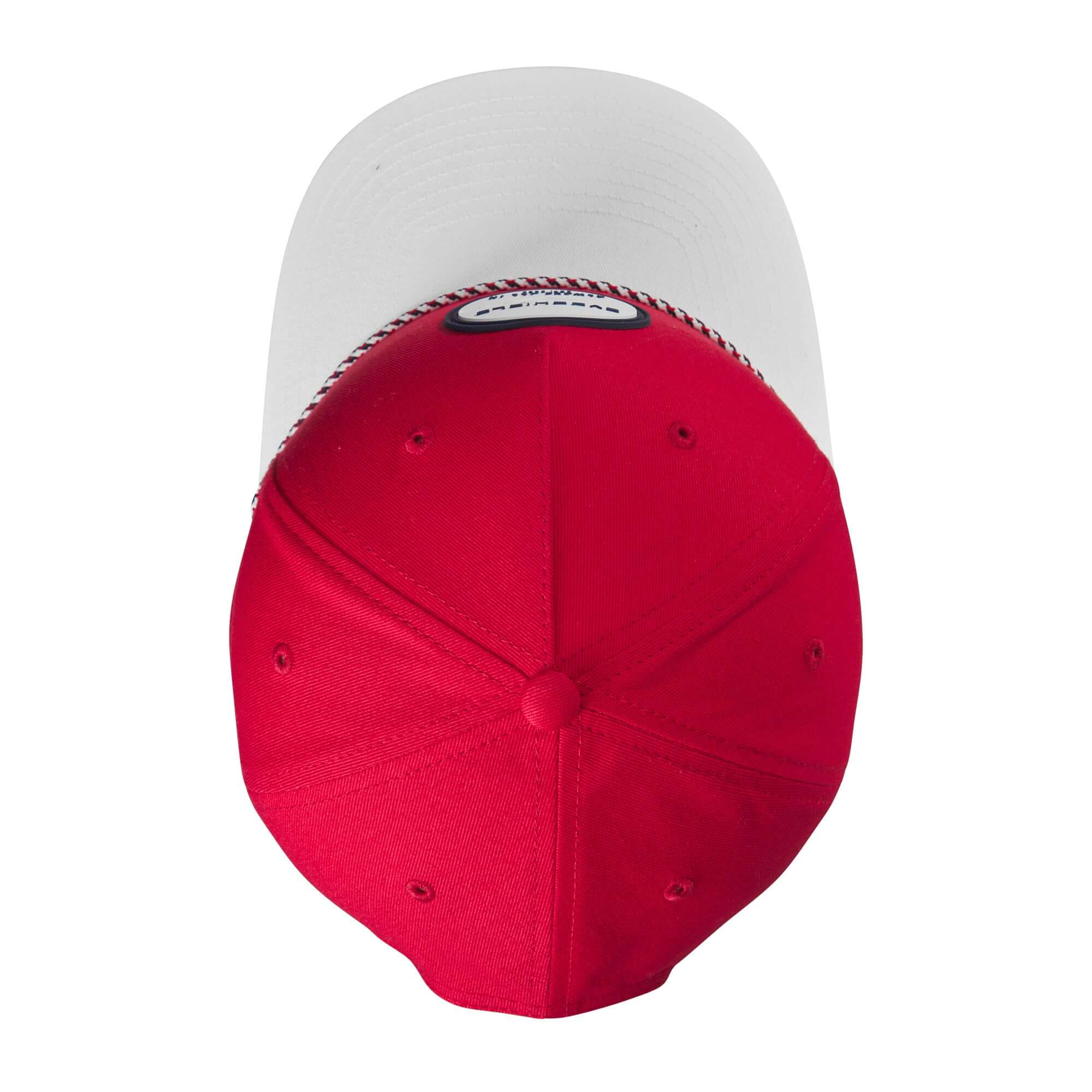 Evoshield USA Rope Snapback hat in scarlet and white, featuring a pre-formed bill and stylish pinched front.