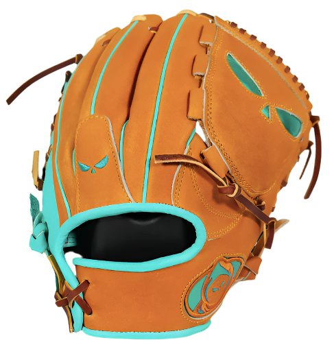 Shadow 20 Sandstorm 12" RHT glove made from Japanese Kip Leather with teal inlays and closed web design.