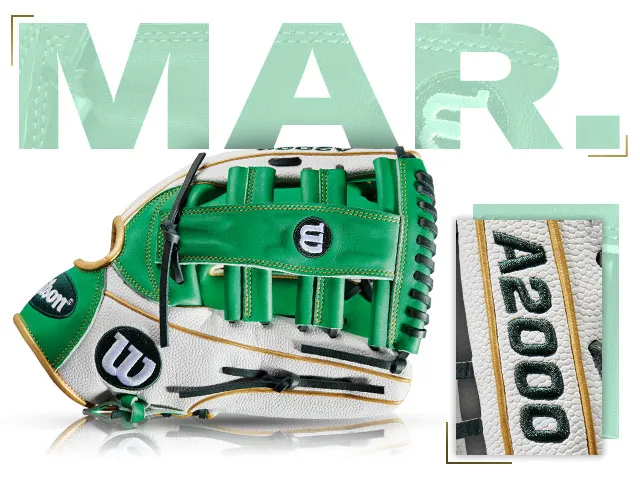 Wilson A2000 SP13 glove in green and white, featured for March 2017. Perfect for baseball enthusiasts and collectors.