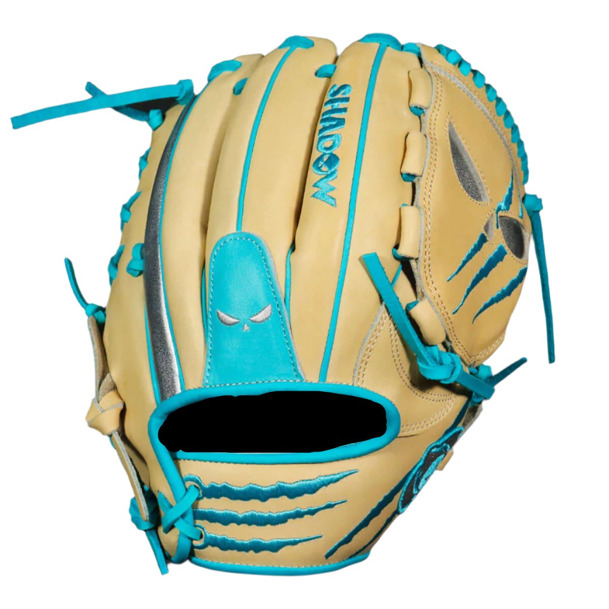 Shadow 12 Sub Zero pitcher's glove in blonde Japanese Kip leather with chrome inlays and Columbia blue accents on black background.