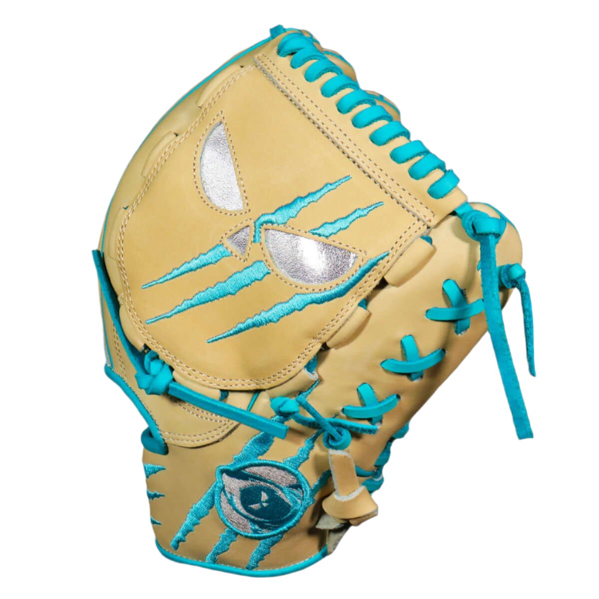 Shadow 12 Sub Zero Pitcher's Glove with chrome inlays, blonde Japanese Kip Leather, and Columbia blue accents.