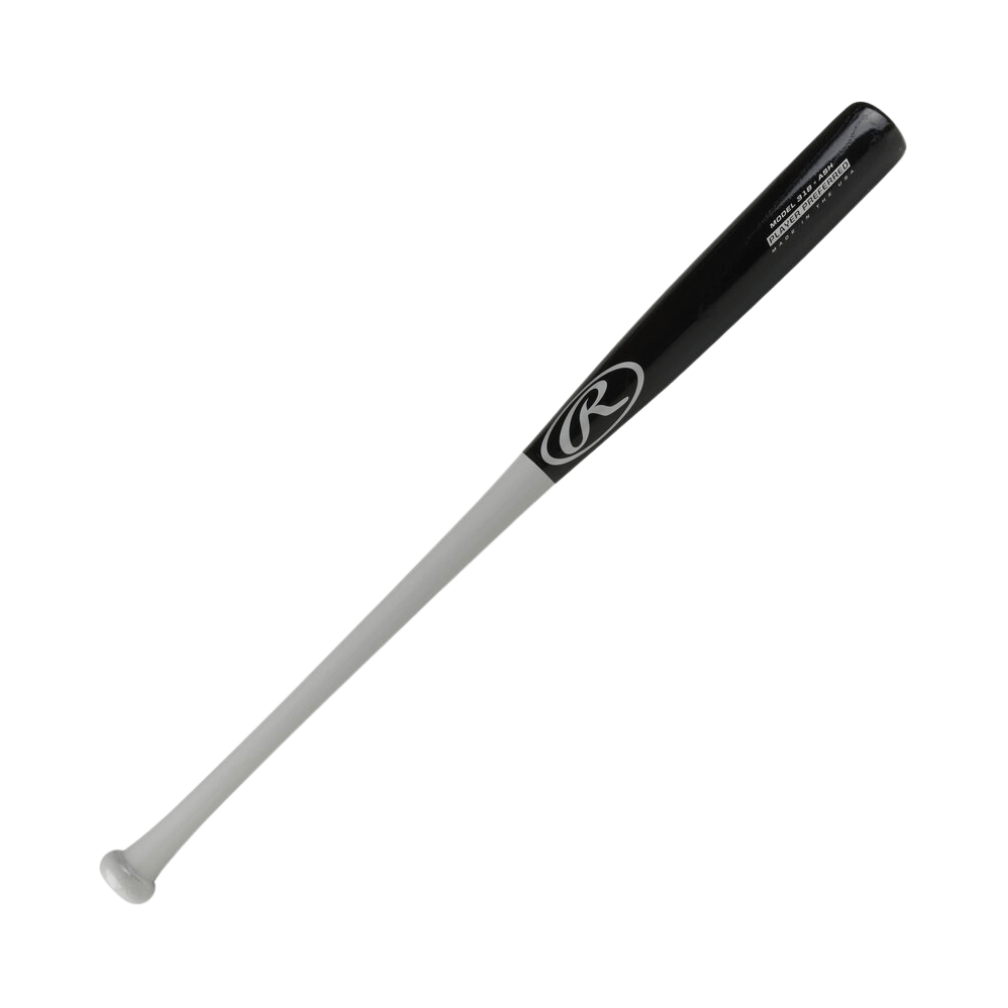 Black & grey Rawlings Player Preferred 318 Ash Wood Bat with a big barrel and huge sweet spot.