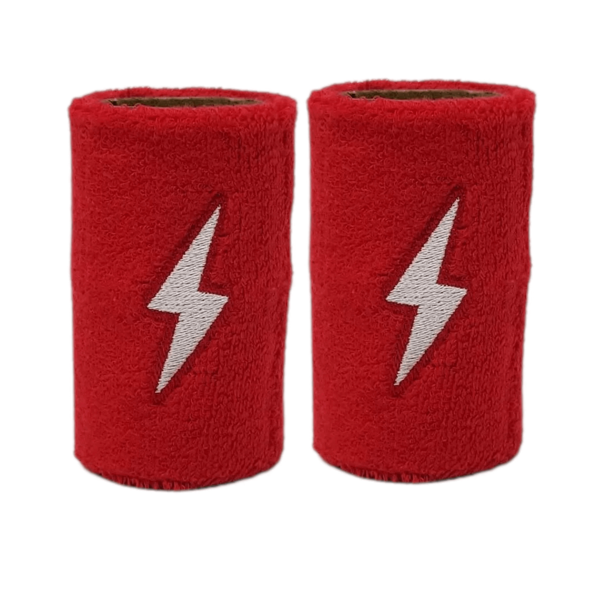 Red terry cloth wrist bands with white lightning bolt design, ideal for keeping sweat at bay during sports activities.