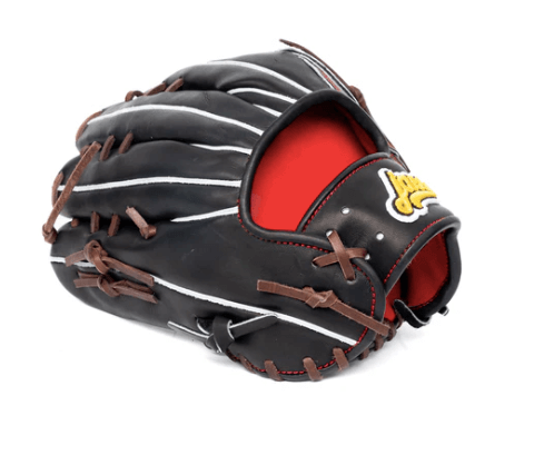 Jax LJ-10 outfield glove 12.5 inch black with brown lace, red stitching, red palm, gray welting, black binding, H-Web design.