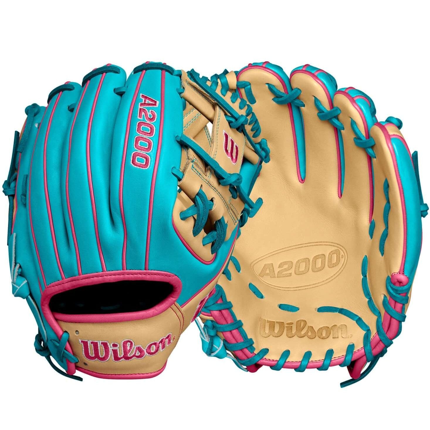 Wilson A2000 1786 glove in teal and blonde, 11.5-inch baseball glove for optimal performance and style.