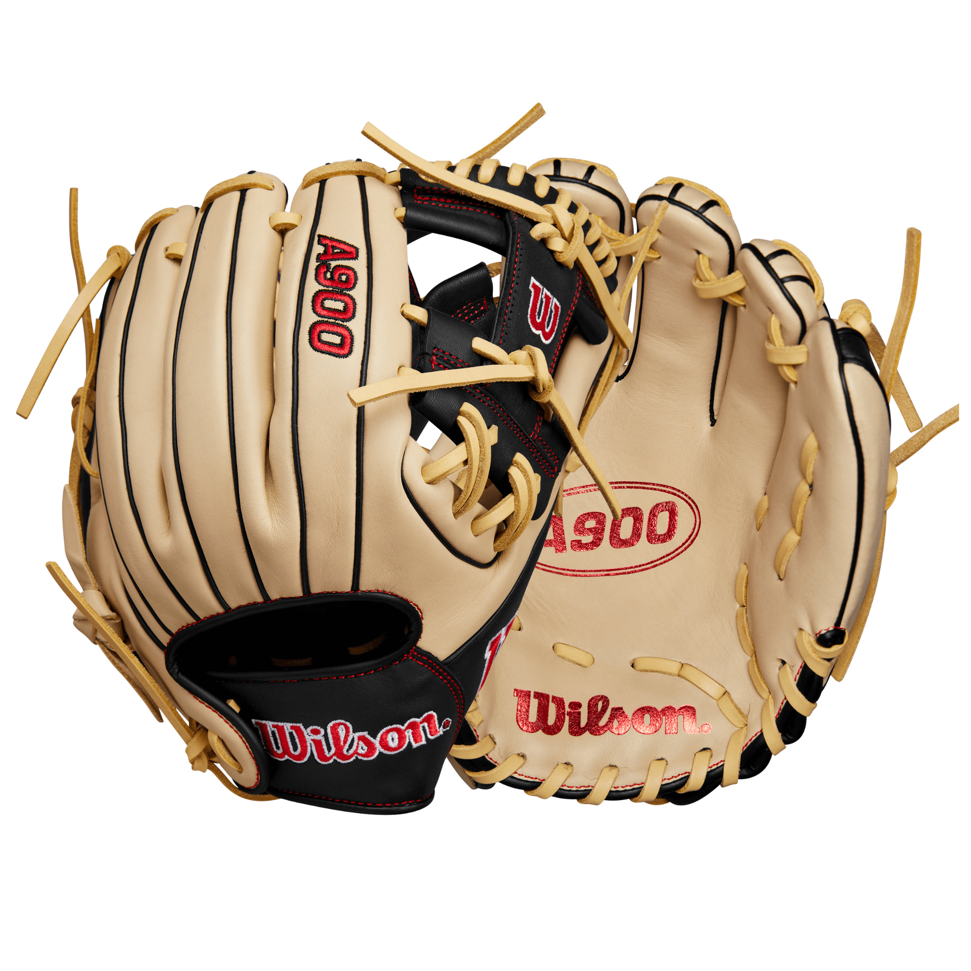 Wilson 2024 A900 PF115 youth baseball glove in blonde, black, and red, designed for players 8-12 years old.