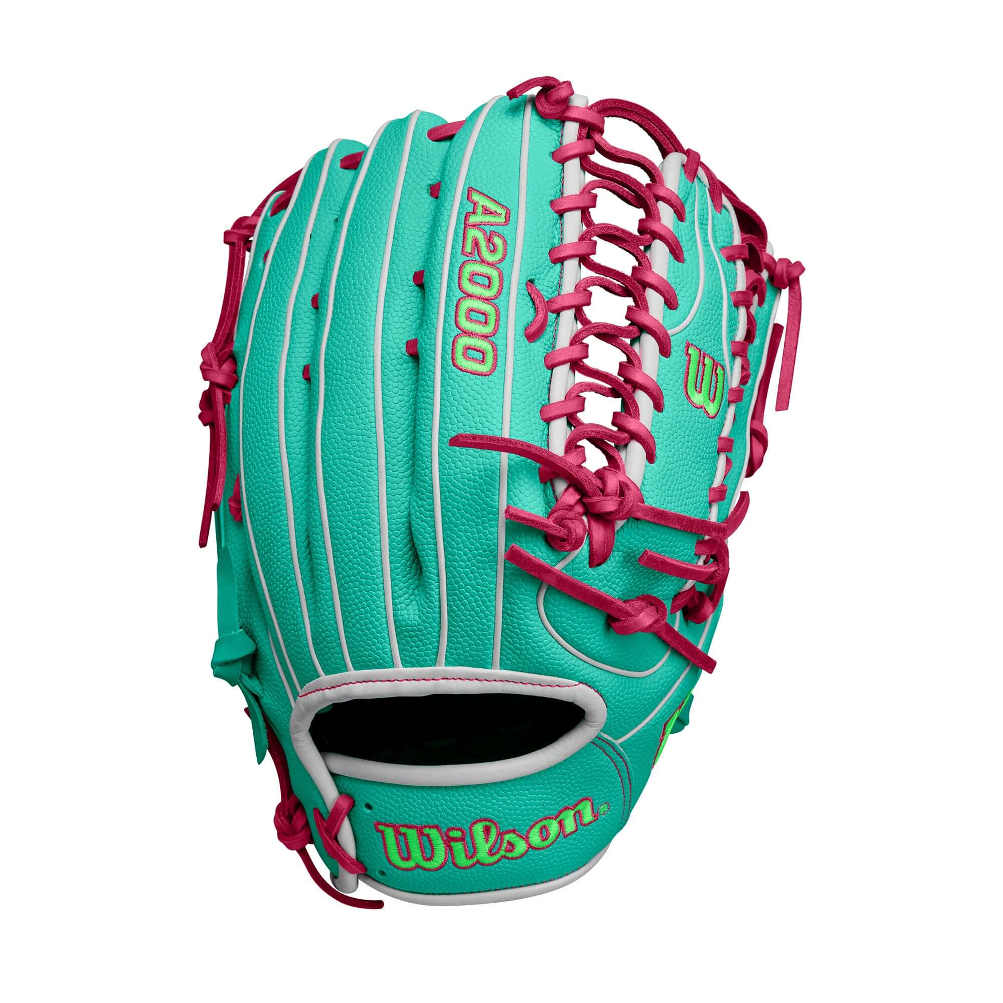 Wilson A2000 SCOT7SS glove in Seafoam and Flamingo, designed for superior performance in the outfield.