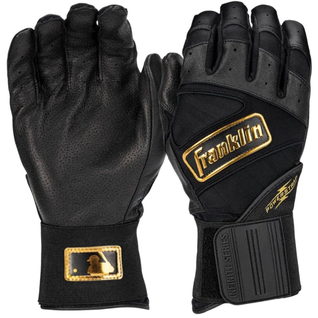 Franklin PowerStrap Infinite Series adult batting gloves in black, designed for durability and comfort during practice and games.