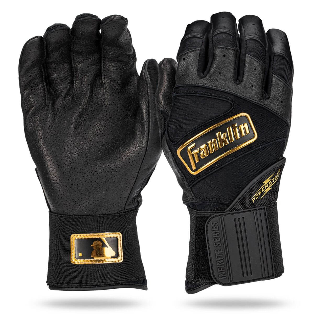 Franklin PowerStrap Infinite Series Adult Batting Gloves Black, with extra-tall wrist wrap for stability