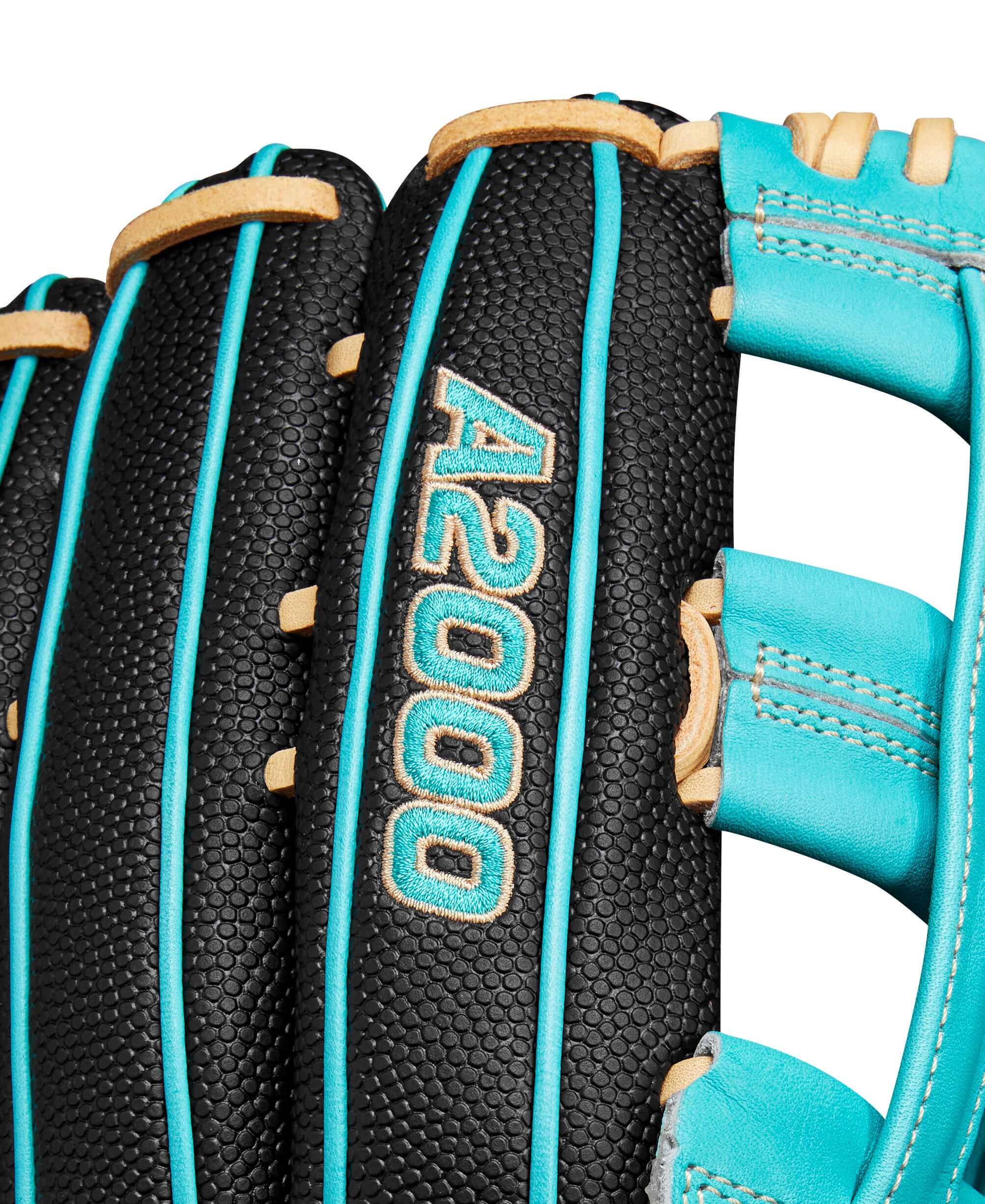 Black and teal 12.25 Wilson A2000 PF50SS outfield baseball glove with Pedroia Fit Technology.