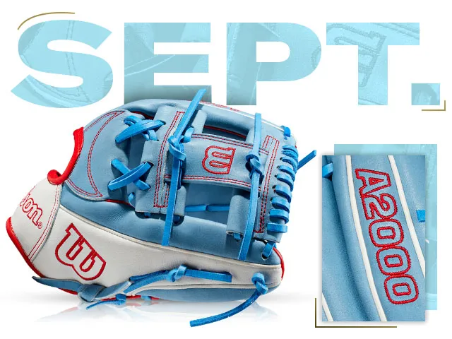 Wilson A2000 1787 SS glove in blue and red, highlighting custom design for September 2020 GOTM collection.