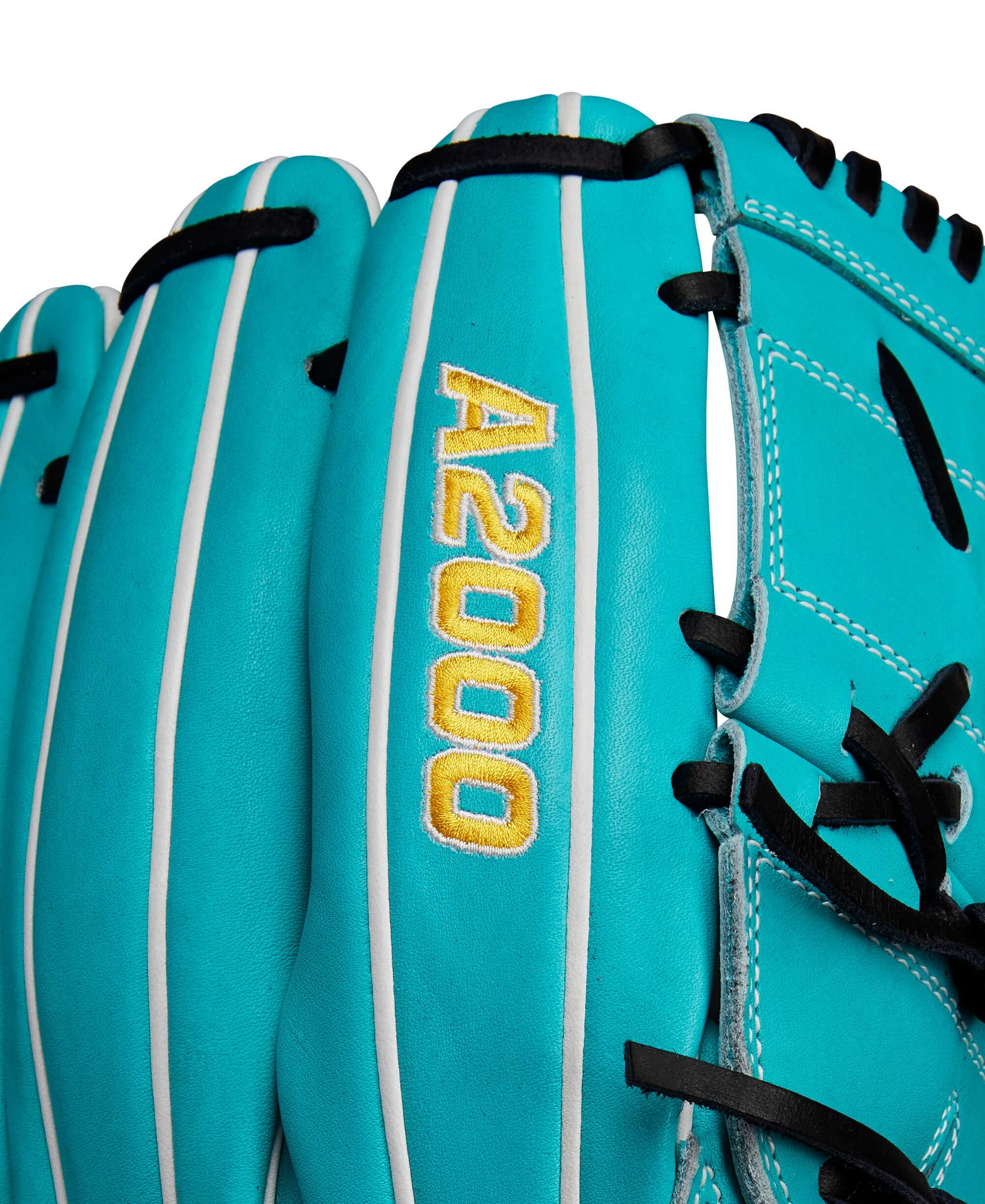 Close-up of the Wilson A2000 SA17 glove in teal and white, showcasing the vibrant color and detailed stitching.