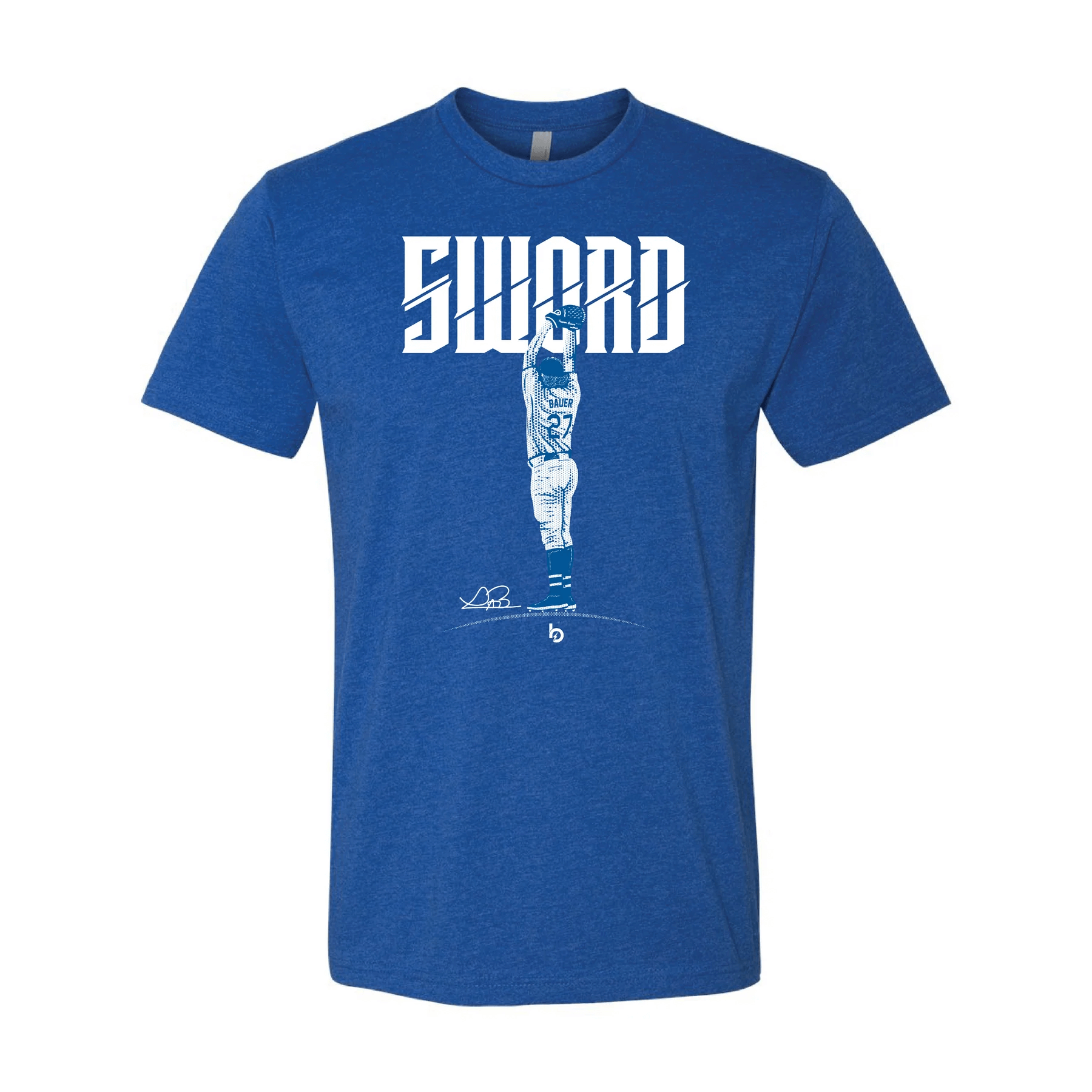 Bauer Outage Sword Tee in blue featuring bold "SWORD" text and graphic design, symbolizing strength and ambition.