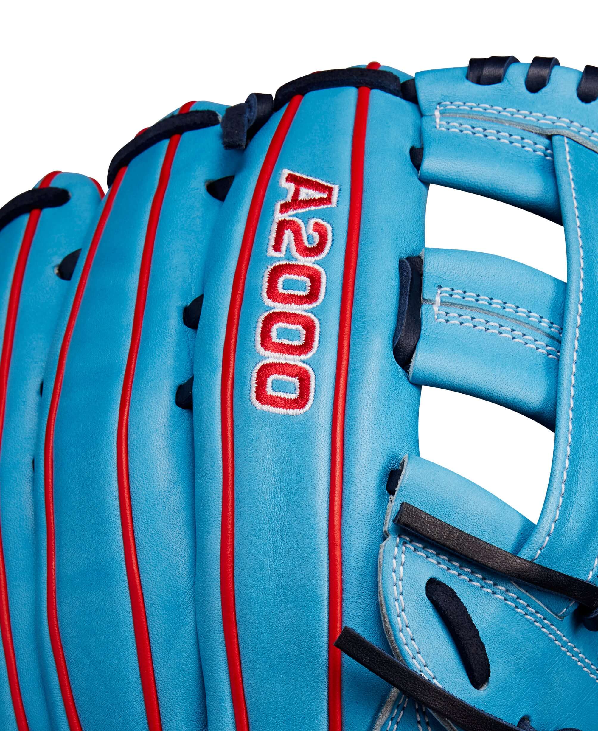 Wilson A2000 1750 Outfield Glove, Sky Blue/Red, 12.5, Pro Stock Leather, Dual Post Web, Right-Hand Throw