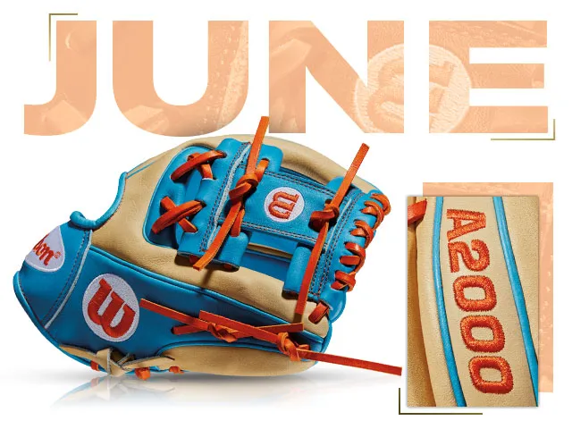 Wilson A2000 1788 glove in Tropical Blue for June 2016, showcasing vibrant colors and premium craftsmanship.