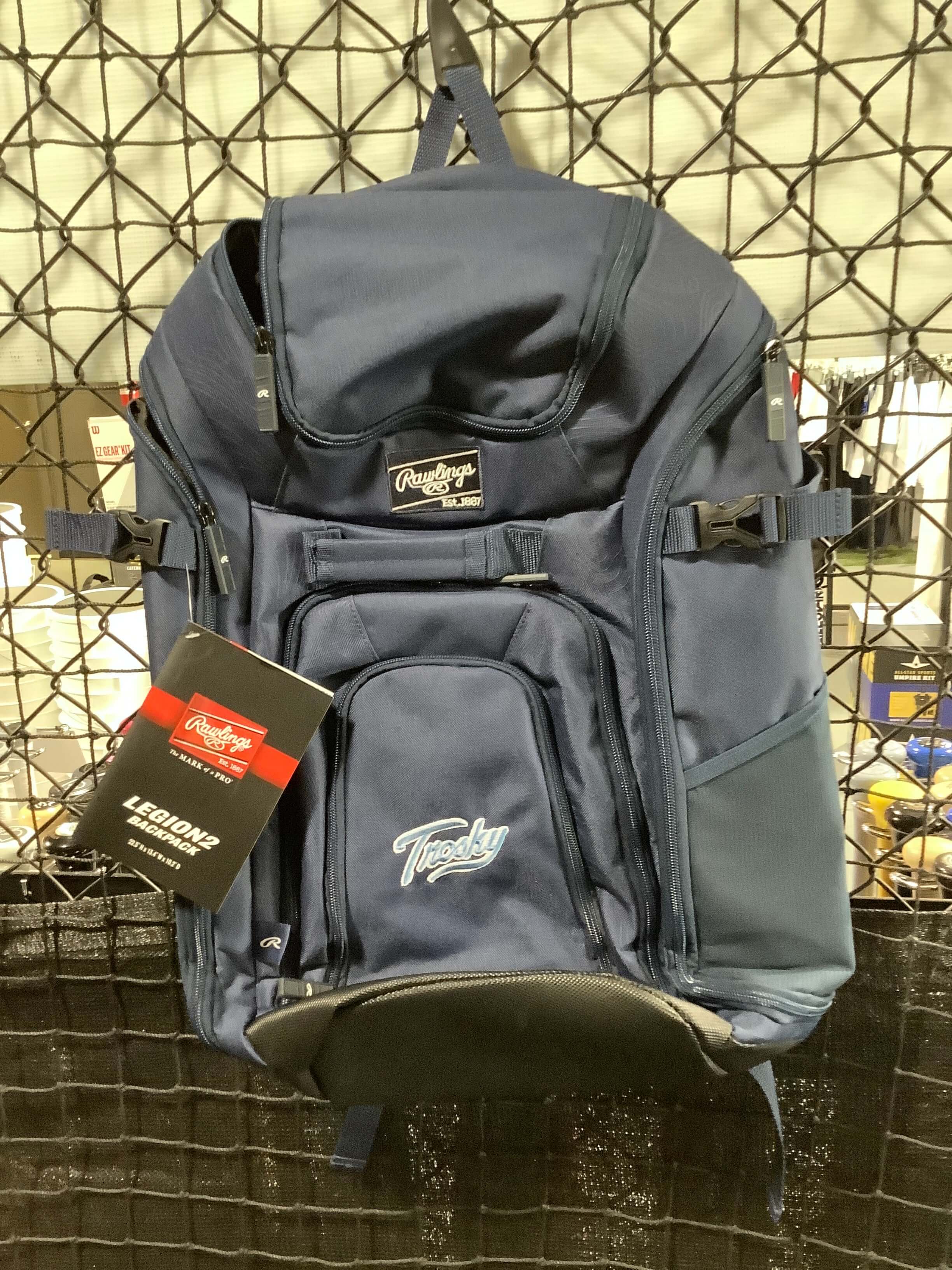 Rawlings Legion 2 Players Backpack Trosky Navy hanging with tag, ideal for serious baseball players to carry gear.