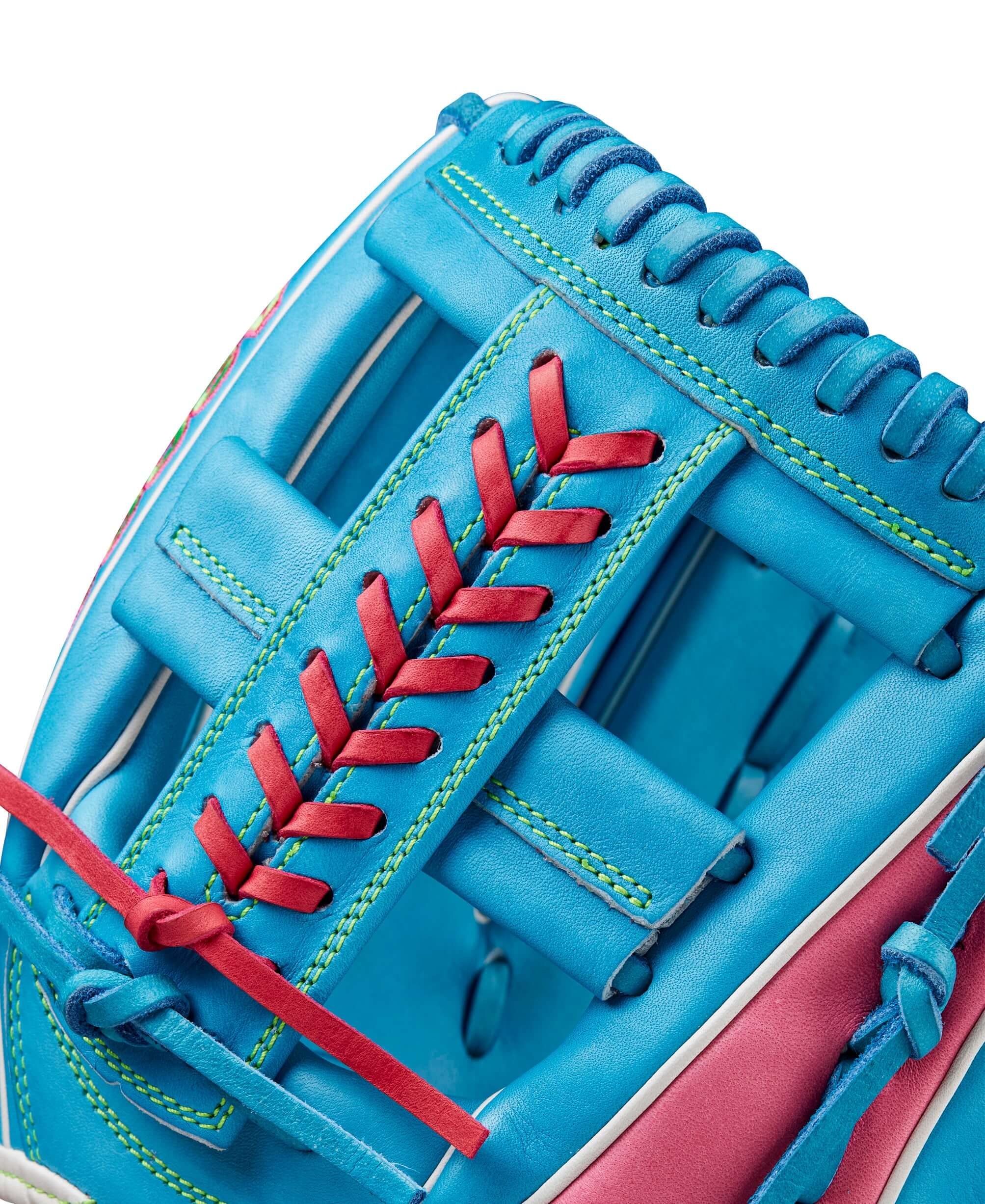 Wilson A2000 1785 11.75 Infield Glove, Sky Blue with Single Post Web & Flamingo Pink lace, Fall 2024 Model.