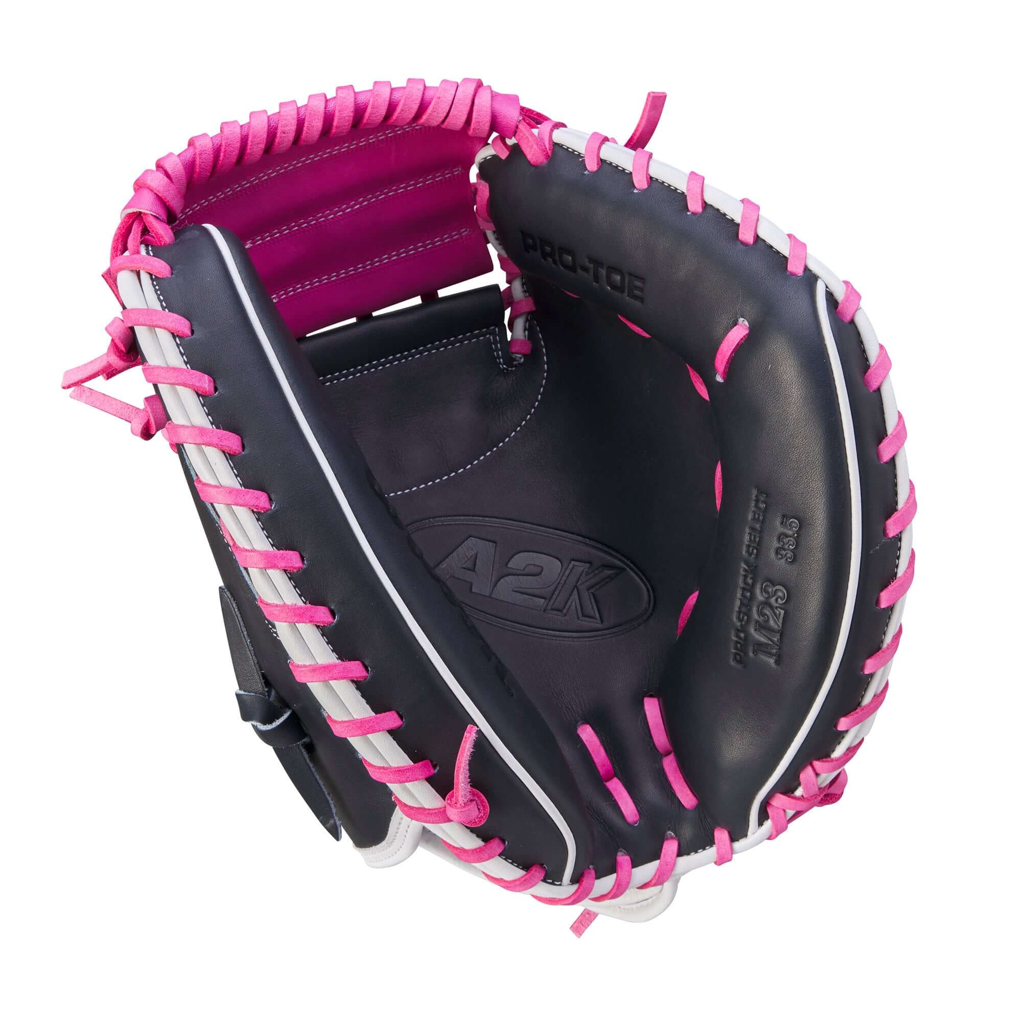 Wilson A2K M23 catcher's mitt in navy blue and flamingo pink with a 33.5" pocket design for enhanced ball control.