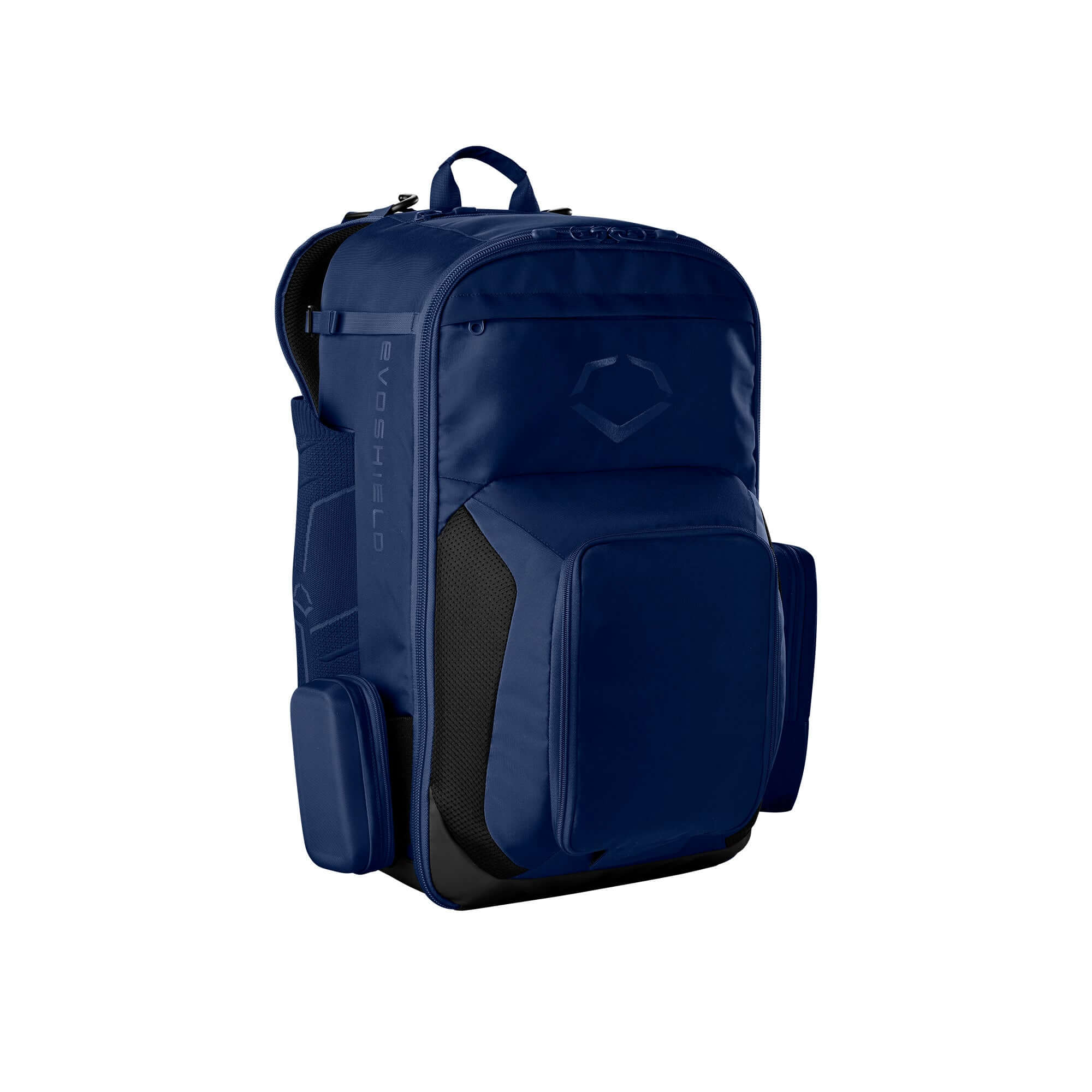 EvoShield Takeover Backpack in navy, designed for athletes to store gear and keep equipment organized for practices and games.