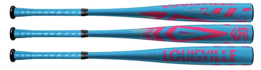 Louisville Slugger Atlas Thirty-One Flavors Limited Edition bat in blue with pink graphics, showcasing its sleek design and performance features.