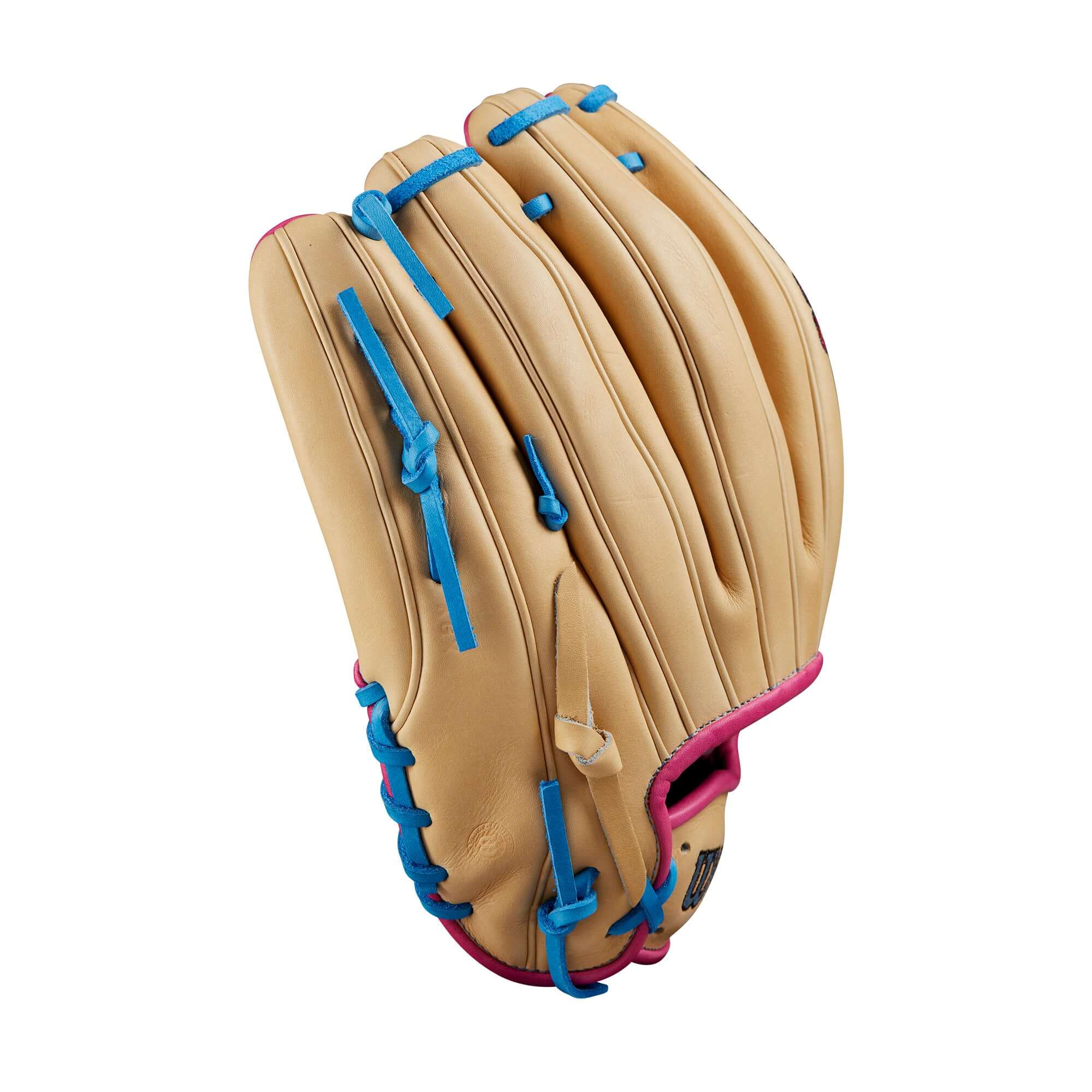 Wilson A2000 B23 glove in Blonde Pro Stock leather with Sky Blue and Pink accents. Perfect for performance and style.