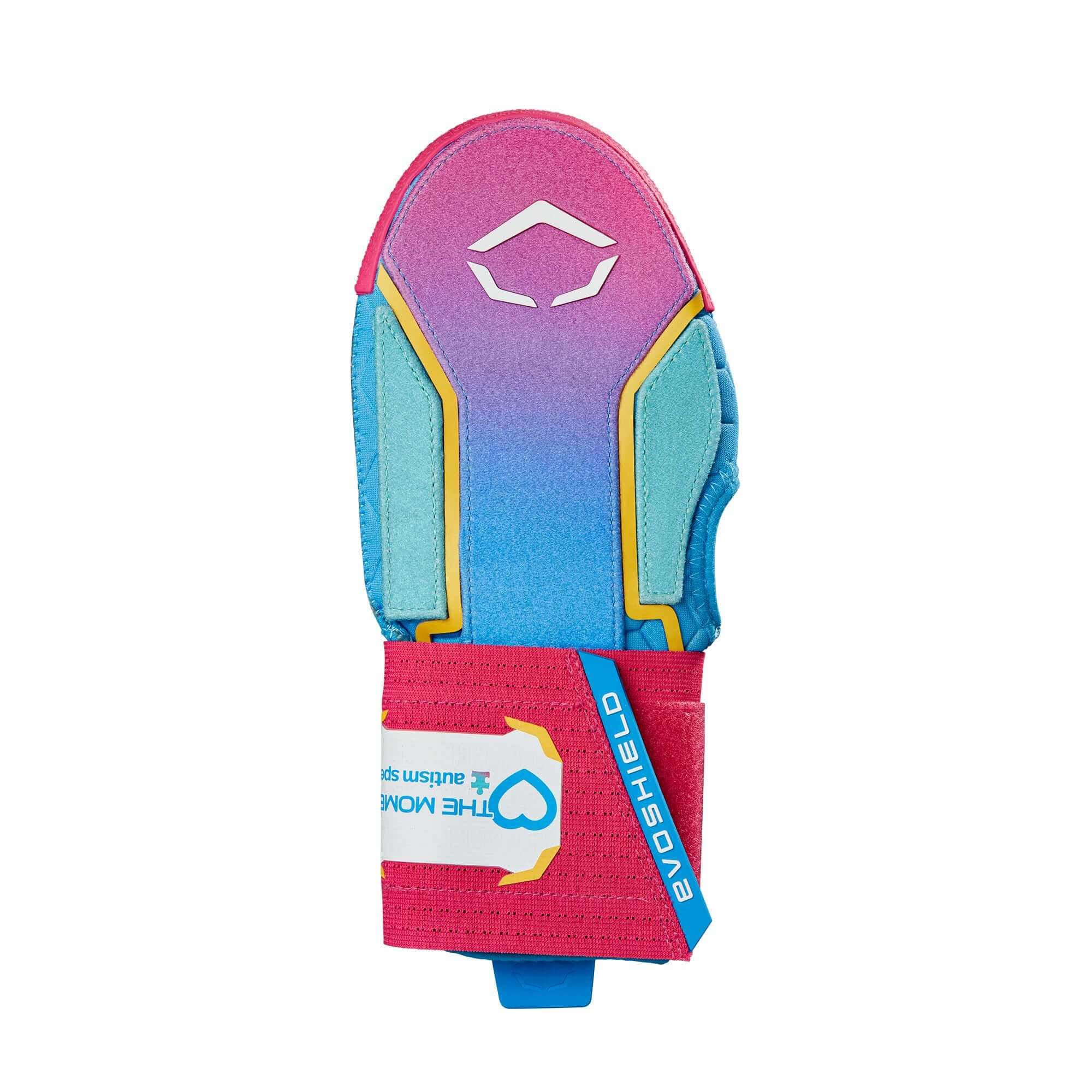 EvoShield X-SRZ Autism Speaks Sliding Mitt 2.0 in Sky Blue to Pink gradient, featuring protective plates and a love icon.