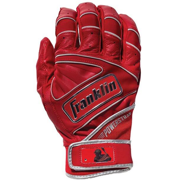 Franklin Powerstrap Chrome red batting gloves featuring premium sheepskin leather and revolutionary wrist-fastening closure.