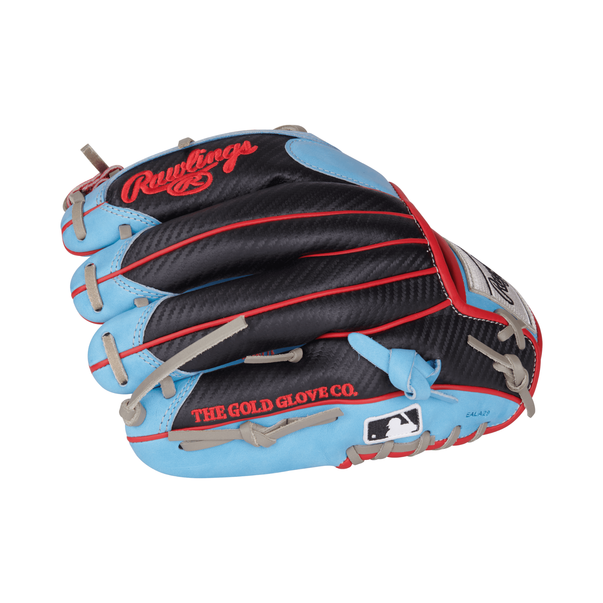 Rawlings Heart of the Hide 11.5” infield glove, Columbia blue leather with scarlet red web and binding.