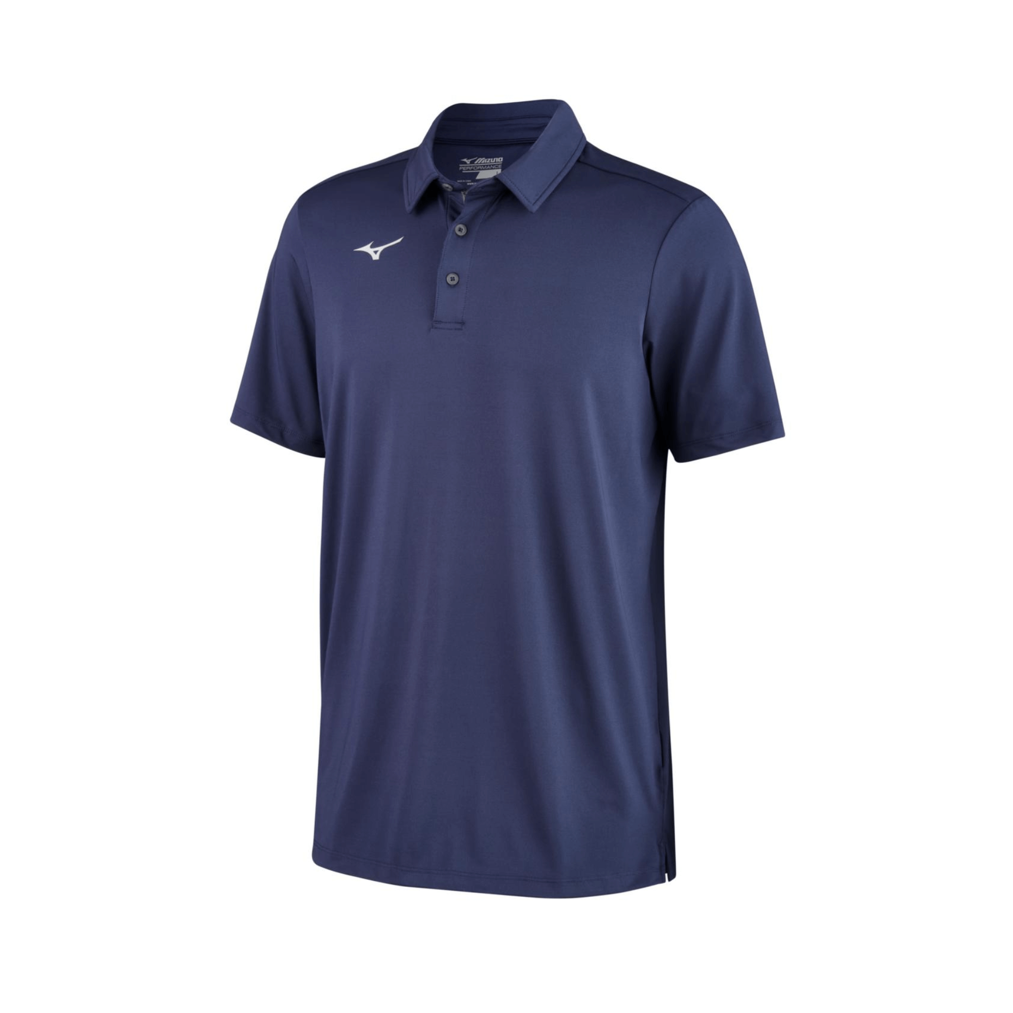 Mizuno Accel Polo in navy blue featuring DryLite technology for moisture management and a comfortable fit.