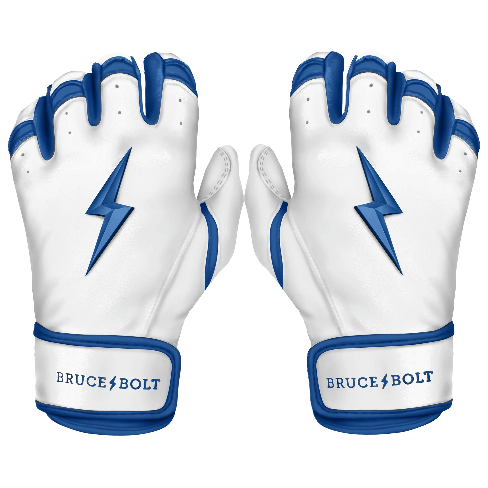 Bruce Bolt Premium Pro Chrome Short Cuff Batting Gloves in royal blue and white design, featuring logo and superior leather quality.