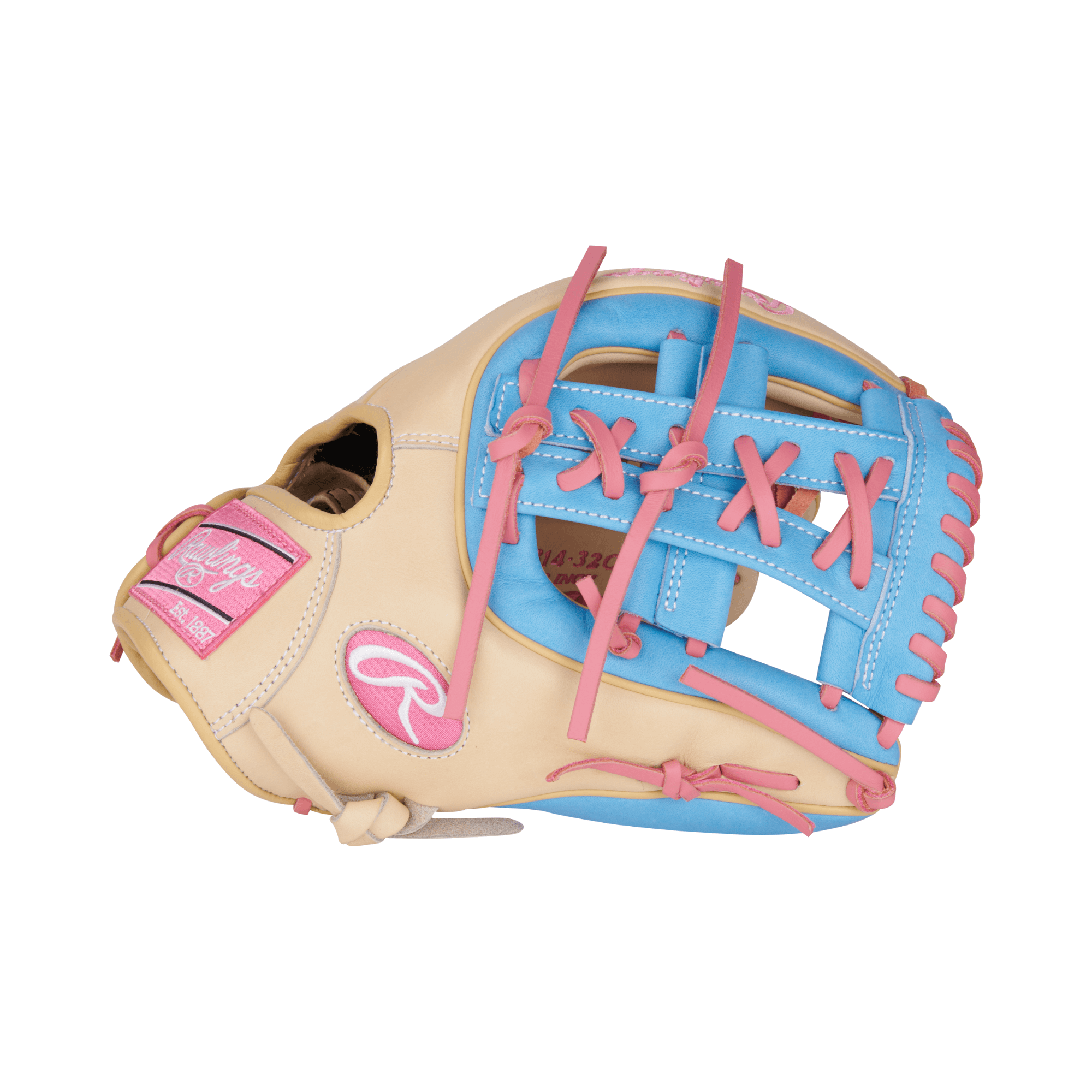 Rawlings Heart of the Hide 11.5-inch infield glove in camel and columbia blue with pink laces