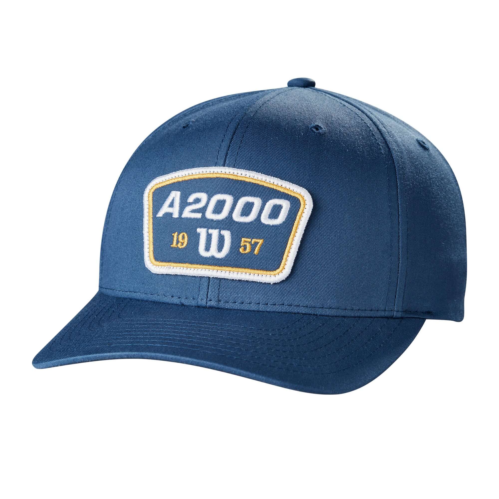 Wilson 1957 A2000 Snapback hat in navy with embroidered patch, featuring mid-profile design and adjustable snapback fit.