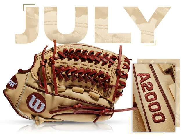 Wilson A2000 D33 baseball glove in tan with burgundy accents, showcasing the July 2015 model sneak peek.