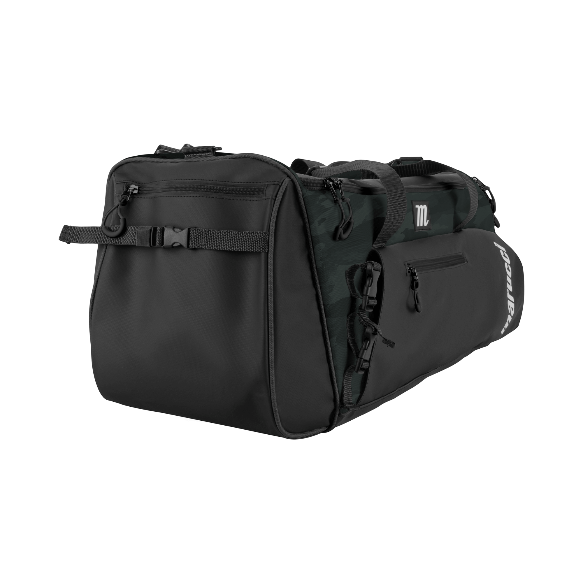 Marucci Pro Utility Duffel Bag V3 in Black and Duck Camo, featuring durable, water-resistant materials and ample storage compartments.